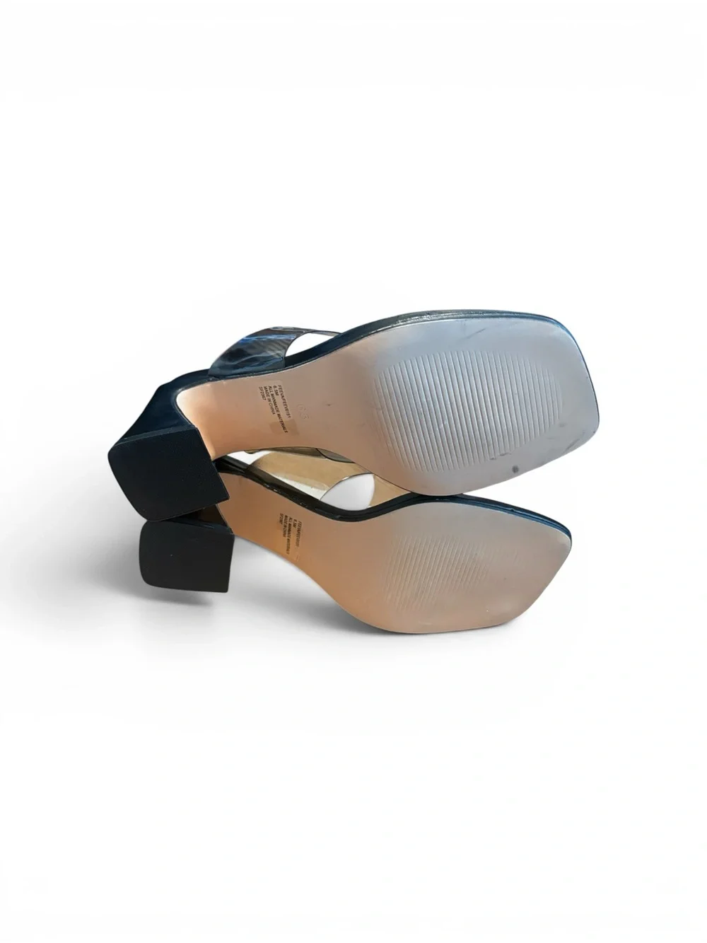 Steve Madden Feeva Black Square-Toe Clear Grey Strap Block Heels Size 6.5 - Picture 8 of 13